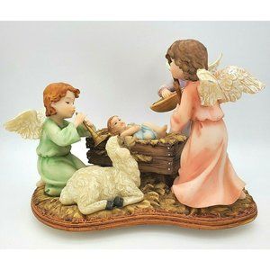 Angels Nativity Christmas Music Box Silent Night Bottom Wind Manger Sheep Resin
